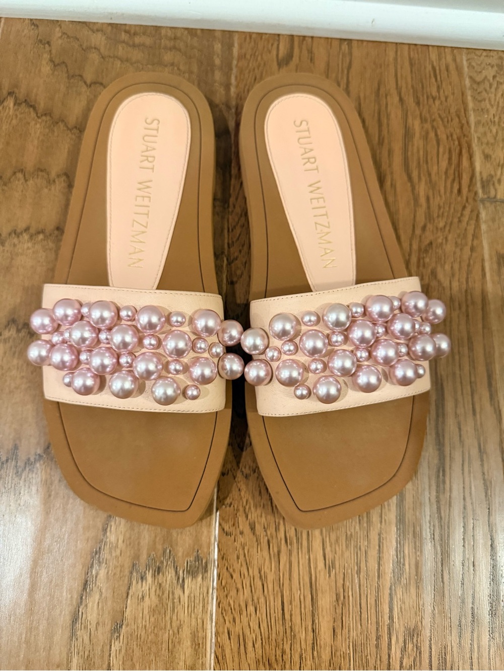 Stuart Weitzman Pink Pearl-Cluster Slide Sandals